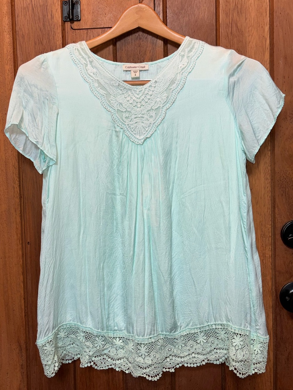 Coldwater Creek Lace-Trim Mint Short Sleeve Top With Chrochet